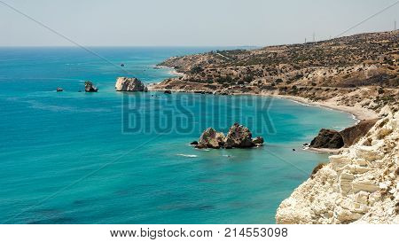 A view to Aphrodite Rock from a scenic highway between Limassol and Paphos Cyprus