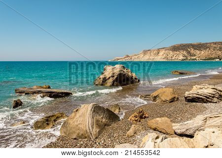 A view to Pissouri Bay from the end of the beach Limassol district Cyprus