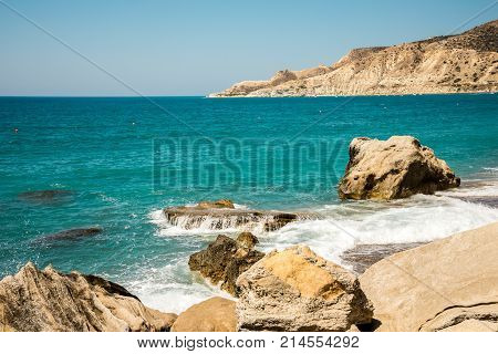 Pissouri Bay view with large rocks along the coast Limassol district Cyprus