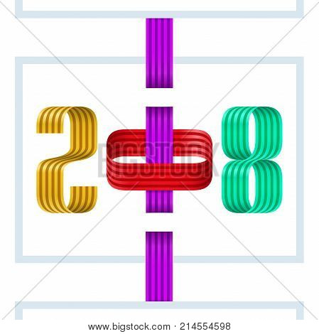 Colorful 2018 Happy New Year Red Ribbon On White Background