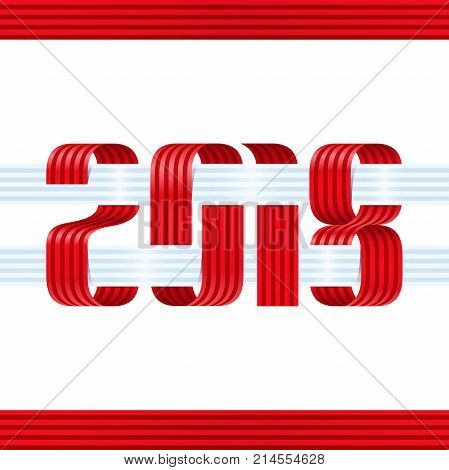 2018 Happy New Year Red Ribbon On White Background