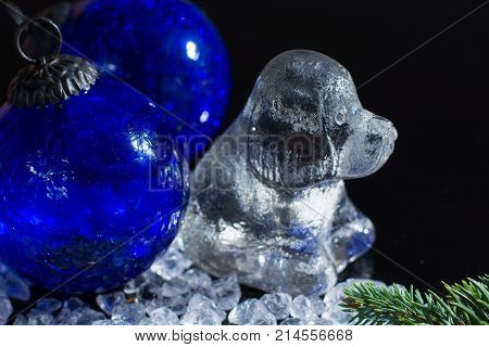 Black, Blue And White, Chine Horoscop, 2018 New Year Of Dog, Glass Dog Figure And Blue Ball