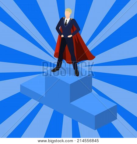 Isometric 3D Concept Vector Illustration The Businessman Took The First Place And Rises On The Podiu