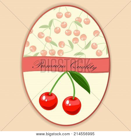 Colorful vintage Cherry label poster. Vector round label, cherry jam, sauce or juice label on a seamless pattern background with soft shadow