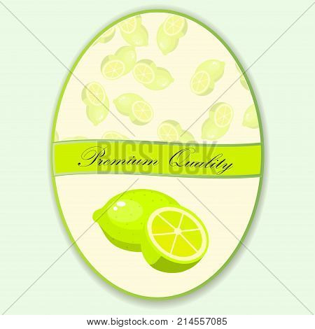 Sweet juicy whole and slice lemon or lime fruit symbol for jam and juice product label or grocery store, shop and farm market design. lime jam, sauce or juice label on a seamless pattern background