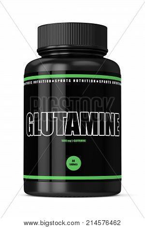 3D Render Of Glutamine Bottle With Pills