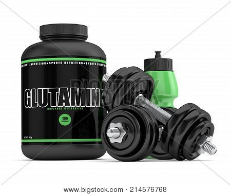 3D Render Of Glutamine Powder With Bottle And Dumbbells