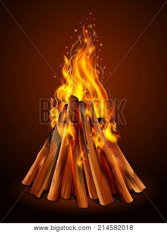 illustration of blazing bonfire inferno fire on wood for outdoor camping or Lohri celebration