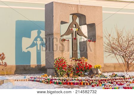 Kiev Ukraine November 24 2014: Monument to the Holodomor victims of the 1932-1933 on Mikhailovskaya Square