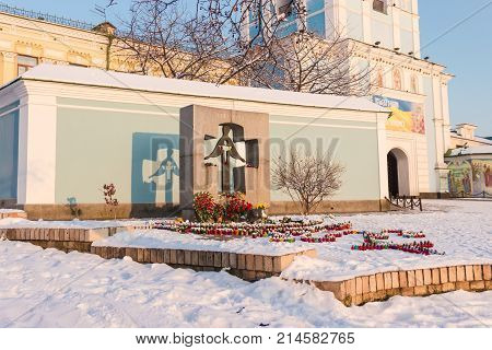 Kiev Ukraine November 24 2014: Monument to the Holodomor victims of the 1932-1933 on Mikhailovskaya Square
