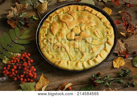 Meat pie with elk meat on the table
