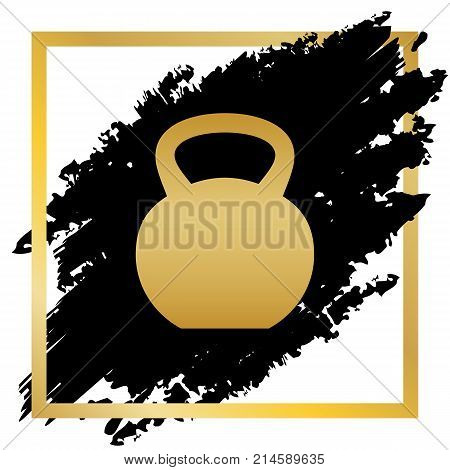 Fitness Dumbbell sign. Vector. Golden icon at black spot inside golden frame on white background.