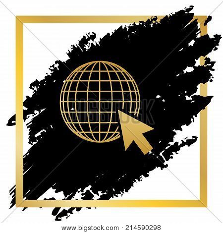 Earth Globe with cursor. Vector. Golden icon at black spot inside golden frame on white background.