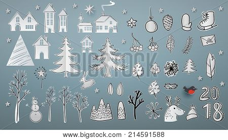 Christmas paper art elements set. Vector icon illustration. White paper cut layers. Winter with house, trees, hare, star, bulfinch, snowman and christmas tree. Holidays symbols for retro design