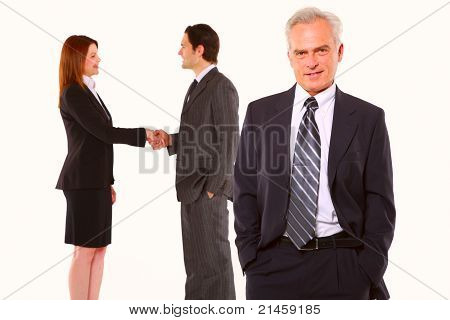 two businessman and one businesswoman in white background
