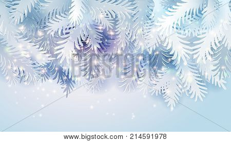 Realistic white paper art cut out pine, fir, spruce Christmas tree branches. Vintage horizontal banner, backgrond, poster decor, card. Vintage Holidays Vector illustartion fow happy New Year and Xmas greetings