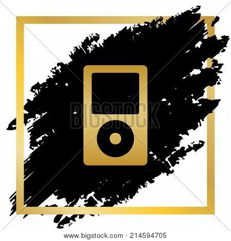 Portable music device. Vector. Golden icon at black spot inside golden frame on white background.