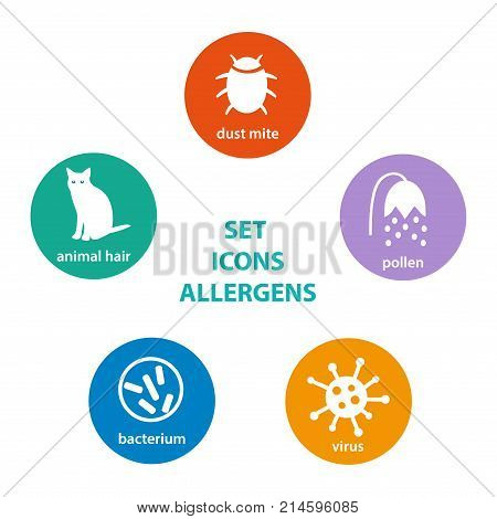 Set icons allergen. Group of allergens in the round colored circles. Circles icons, red, blue, green, orange.