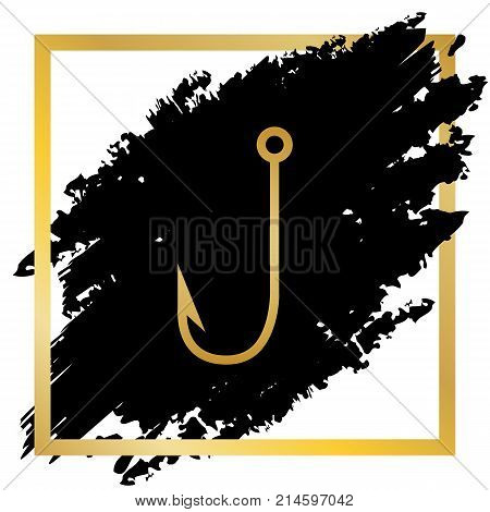 Fishing Hook sign illustration. Vector. Golden icon at black spot inside golden frame on white background.