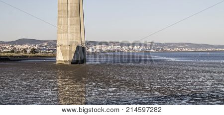 The low tide signs. photo taken at the pillars of the Lisbon Vasco da Gama bridge.