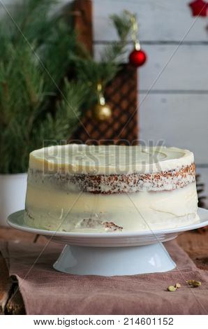 Homemade Fruity Hummingbird Cake With Spices And Pecan Nuts, Rustic Syle.