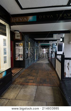 Chester England UK - November 15 2017: The Rows on Eastgate Street in the historic city of Chester covered walkways with shops these are unique to the city and date to the medieval period