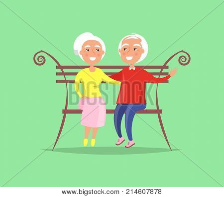 Mature couple sitting on bench together, old husband and wife hugging each other vector illustration isolated on green background