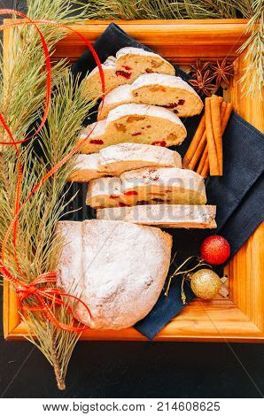Slices Of Dresden Stollen With Dried Cranberies And Nuts. Festive European Dessert. Christmas Baking