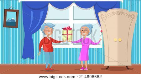 Happy grandparents day poster with senior couple giving presents to each other, man with gift box and woman holding flower vector in cosy home interior