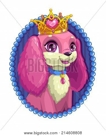 Little cute cartoon fluffy dog portrait. Vector puppy princess with golden crown on the head.