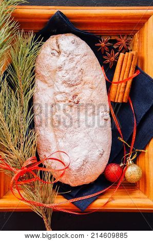 Dresden Stollen With Dried Cranberies And Nuts. Festive European Dessert. Christmas Baking Concept.