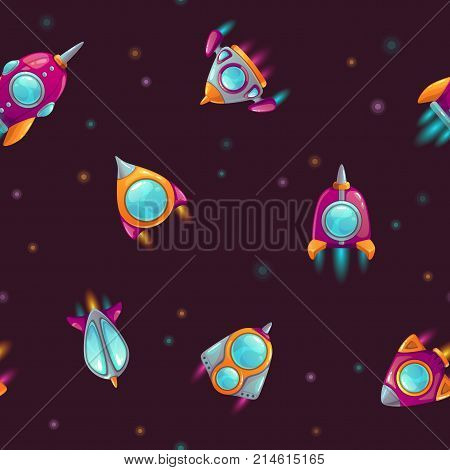 Seamless pattern with cartoon rockets and spaceships on space background. Vector cosmic illustration. Funny childish texture.