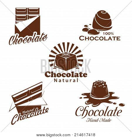 Chocolate candy and bar vector symbol set. Cacao dessert and choco sweets with nuts and milk brown emblem decorated by drop and splashes of melted chocolate. Sweet shop and confectionery design