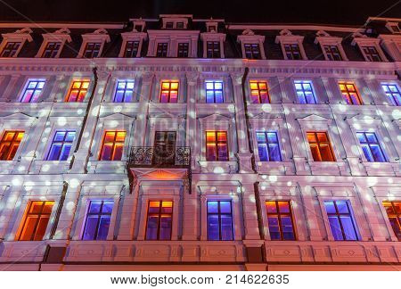 RIGA, LATVIA, NOVEMBER 17, 2017: Festival Staro Riga, Beaming Riga celebrating 99th anniversary of independence. METAMORPHOSES IN VECRIGA, Jekaba street 2