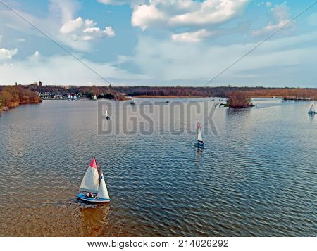 Aerial from sailing on the loosdrechtse plassen in the Netherlands