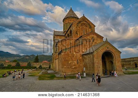 MTSKHETA, GEORGIA - 31 JULY 2017: Svetitskhoveli Cathedral in Mtskheta near Tbilisi
