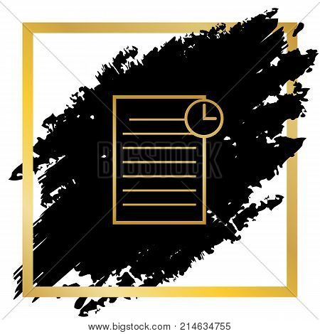 Check mark sign illustration. Vector. Golden icon at black spot inside golden frame on white background.