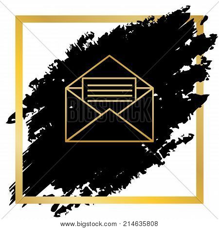 Letter in an envelope sign illustration. Vector. Golden icon at black spot inside golden frame on white background.