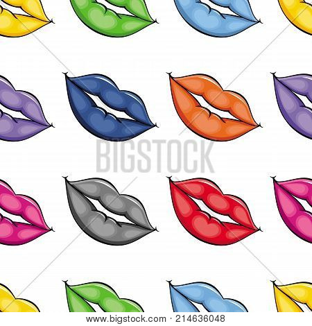 vector cartoon sketch woman girl lips with different pomade color deamless pattern. Red, blue, orange grey pink. Isolated illustration on a white background.