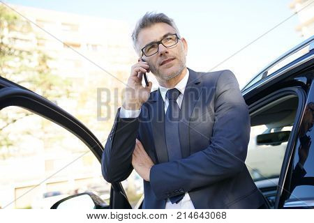 Businessman talking on phone standing outside the car