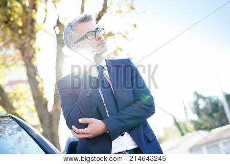 Businessman talking on phone standing outside the car