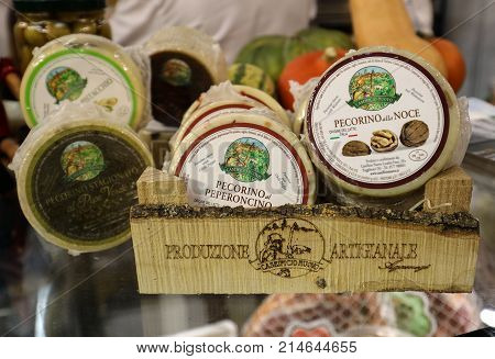 CRACOW POLAND - NOVEMBER 16 2017: Great cheeses Pecorino at Gastrofood - Trade Fair for Food and Drinks for Catering in Cracow. Poland