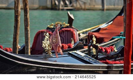 Gondola boats parking. Gondola moored, Venice, Italy. Italian gondola paddle boats docked in Venice, Veneto, Italy