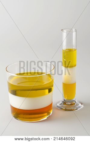 Physics. Density column. Laboratory glassware containing separed layers of vegetable oil milk and honey.