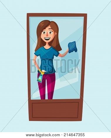 Housewife cleaning windows. Cartoon illustration. Clean service. Window washer is cleaning high building. Man with bucket of water and scraper.