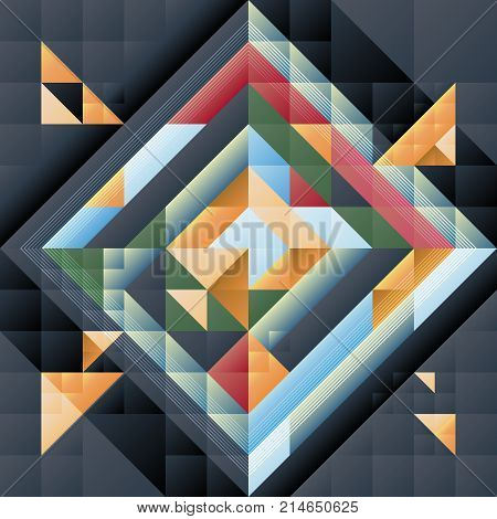 Abstract geometric colorful seamless pattern in retro style of lozenges, triangles, squares and lines. Vector template for design banners, posters, brochures, flyers in space, mythical, modern style.