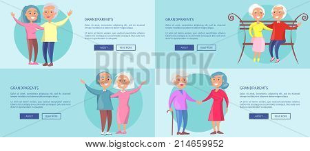 Grandparents web posters set with mature couple sitting on bench together, old husband and wife hugging each other vector illustrations isolated on blue