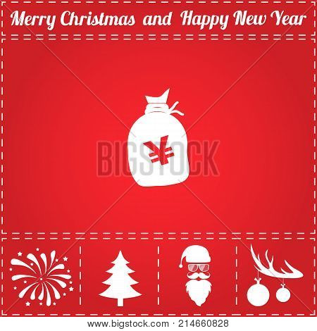 Yen JPY Icon Vector. And bonus symbol for New Year - Santa Claus, Christmas Tree, Firework, Balls on deer antlers