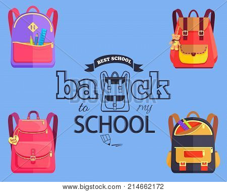 Back to my school black and white cartoon style sticker with inscription surrounded by bags. Vector illustration of backpack along with graphite pencil.