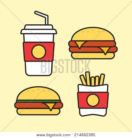Fast Food Snacks And Drinks Flat Vector Icons. Fastfood Icons. S